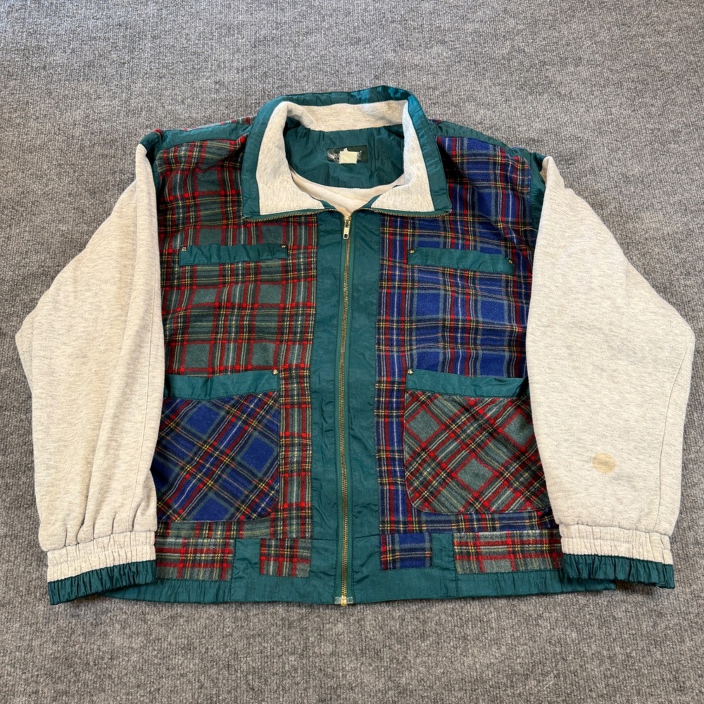Vintage Hunt Club Mixed Media Plaid Patchwork Jacket Teal Grey Size Tall XL